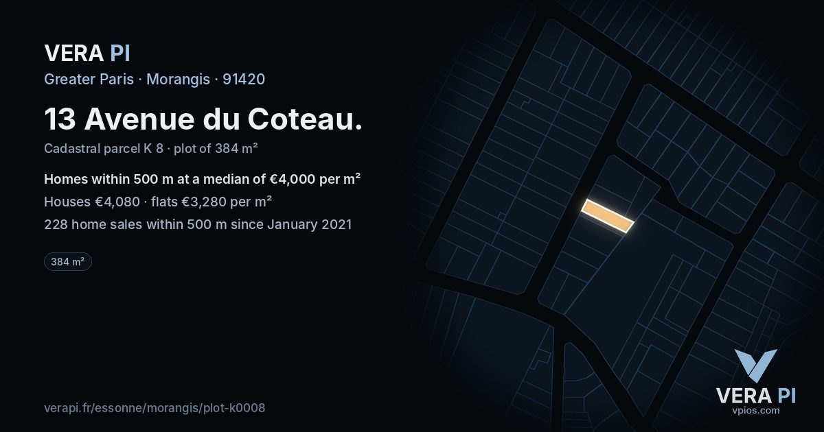 13 Avenue du Coteau, Morangis at night – the plot lit, the parcels around coloured by the prices near them