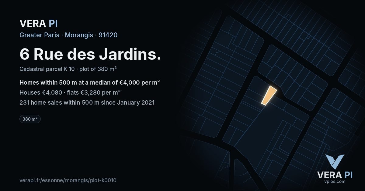 6 Rue des Jardins, Morangis at night – the plot lit, the parcels around coloured by the prices near them