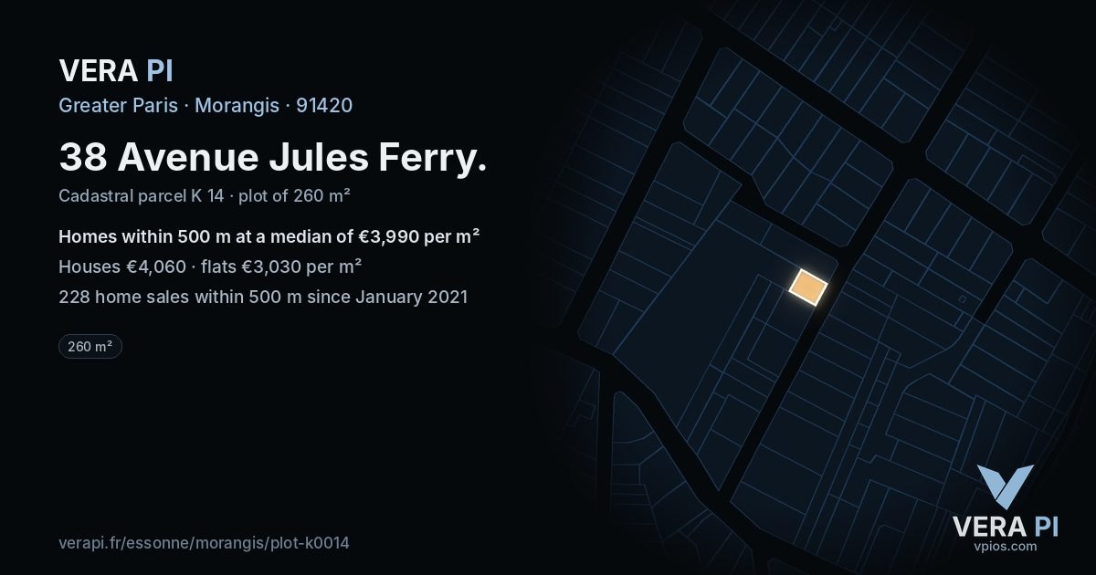 38 Avenue Jules Ferry, Morangis at night – the plot lit, the parcels around coloured by the prices near them