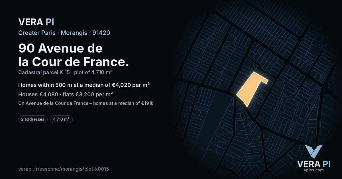 90 Avenue de la Cour de France, Morangis at night – the plot lit, the parcels around coloured by the prices near them