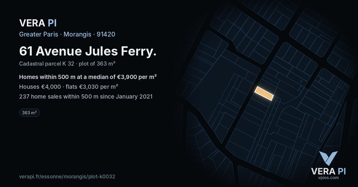 61 Avenue Jules Ferry, Morangis at night – the plot lit, the parcels around coloured by the prices near them