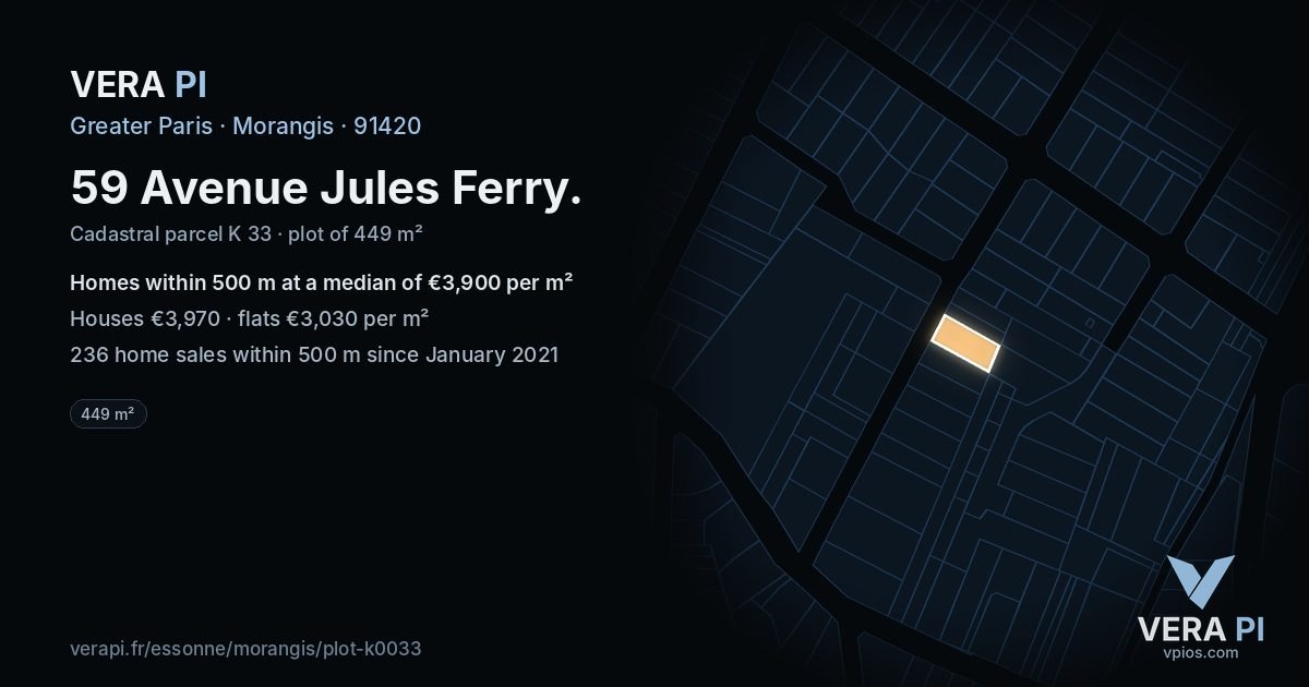59 Avenue Jules Ferry, Morangis at night – the plot lit, the parcels around coloured by the prices near them