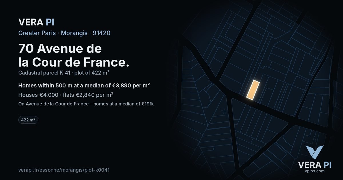 70 Avenue de la Cour de France, Morangis at night – the plot lit, the parcels around coloured by the prices near them