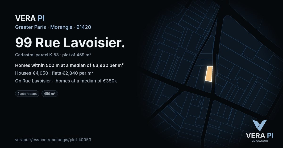 99 Rue Lavoisier, Morangis at night – the plot lit, the parcels around coloured by the prices near them