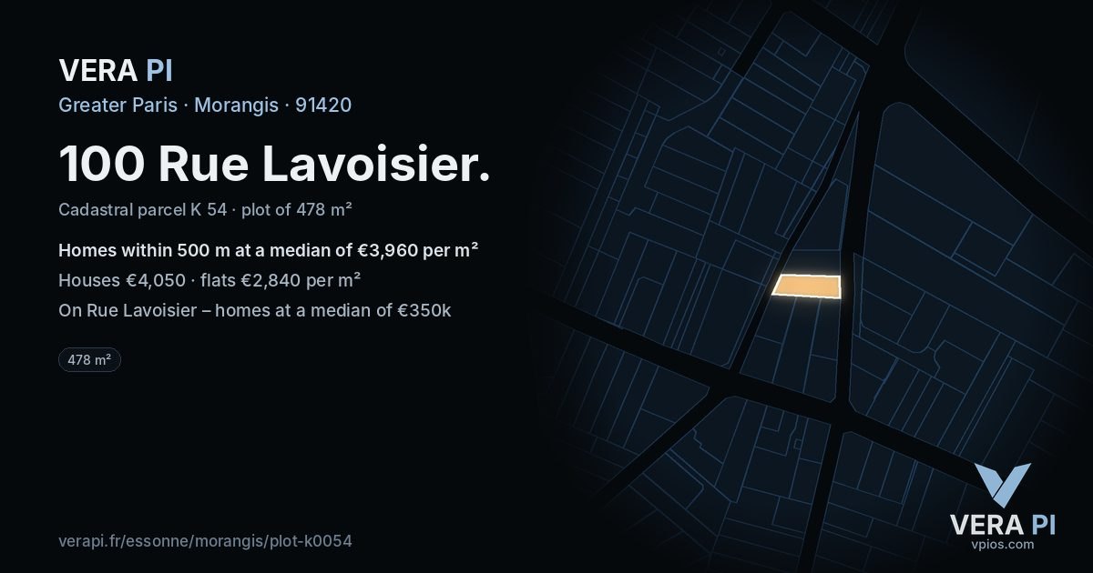 100 Rue Lavoisier, Morangis at night – the plot lit, the parcels around coloured by the prices near them