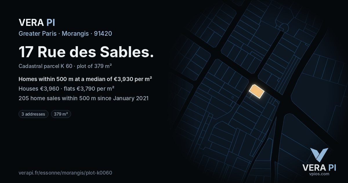 17 Rue des Sables, Morangis at night – the plot lit, the parcels around coloured by the prices near them