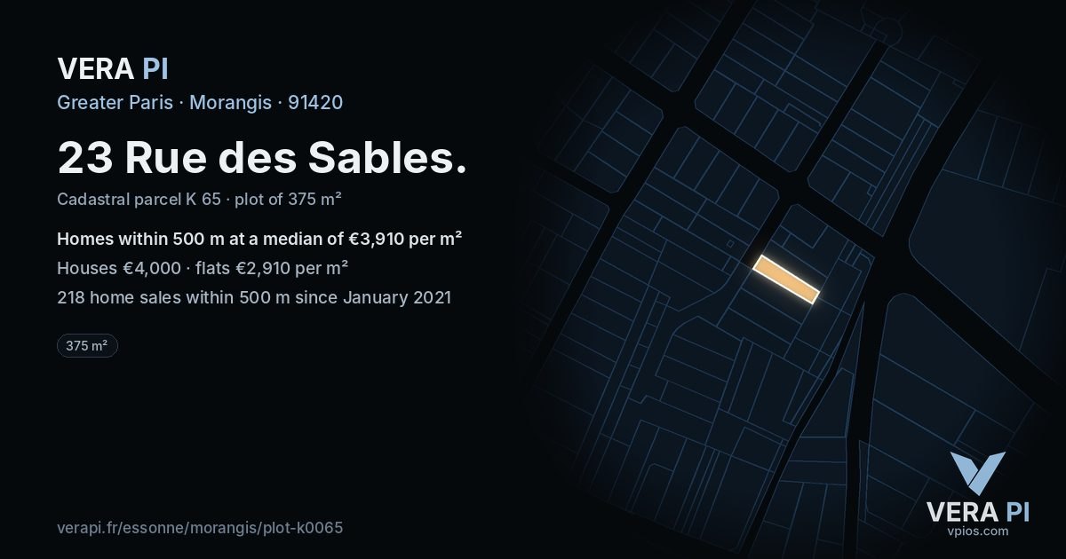 23 Rue des Sables, Morangis at night – the plot lit, the parcels around coloured by the prices near them