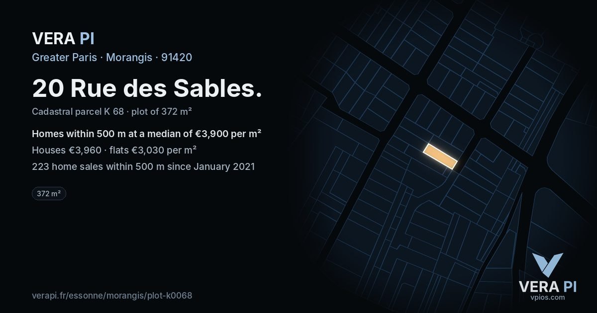 20 Rue des Sables, Morangis at night – the plot lit, the parcels around coloured by the prices near them