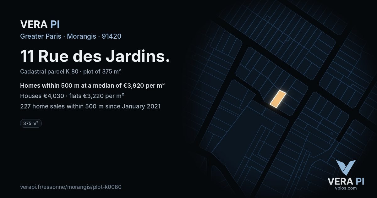 11 Rue des Jardins, Morangis at night – the plot lit, the parcels around coloured by the prices near them