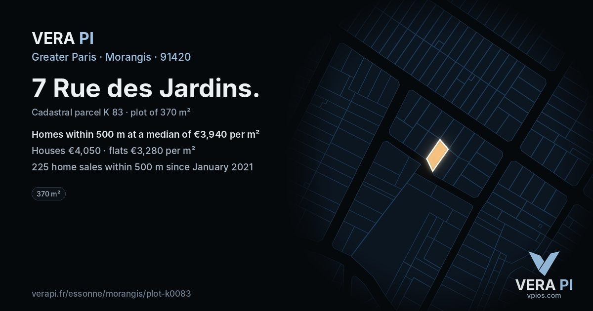 7 Rue des Jardins, Morangis at night – the plot lit, the parcels around coloured by the prices near them