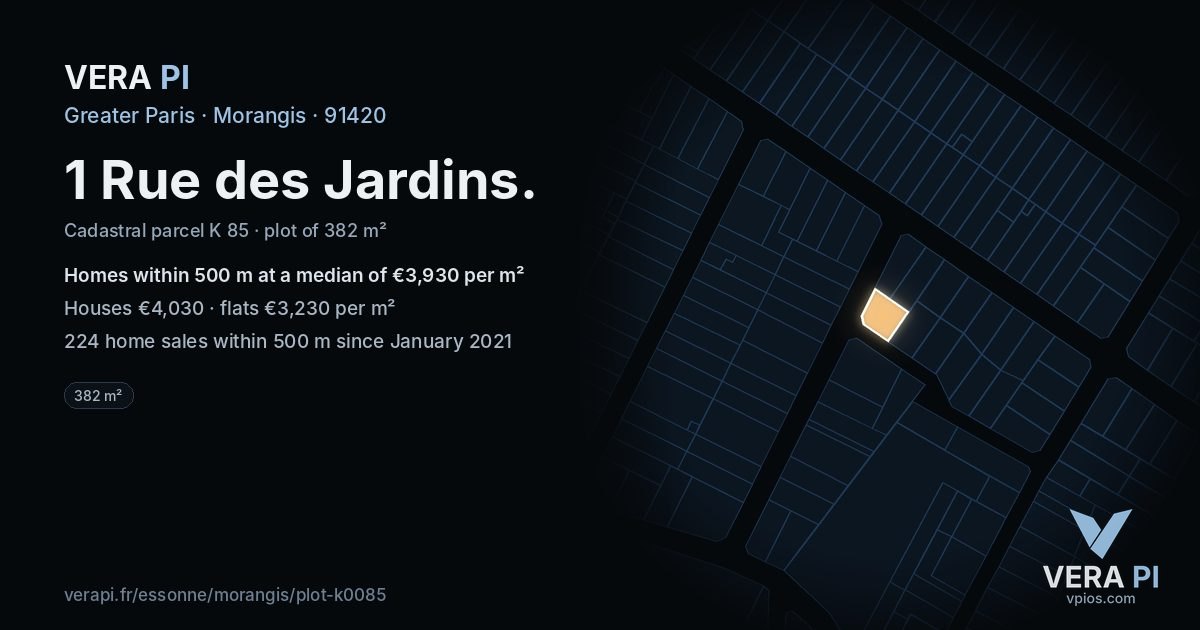 1 Rue des Jardins, Morangis at night – the plot lit, the parcels around coloured by the prices near them