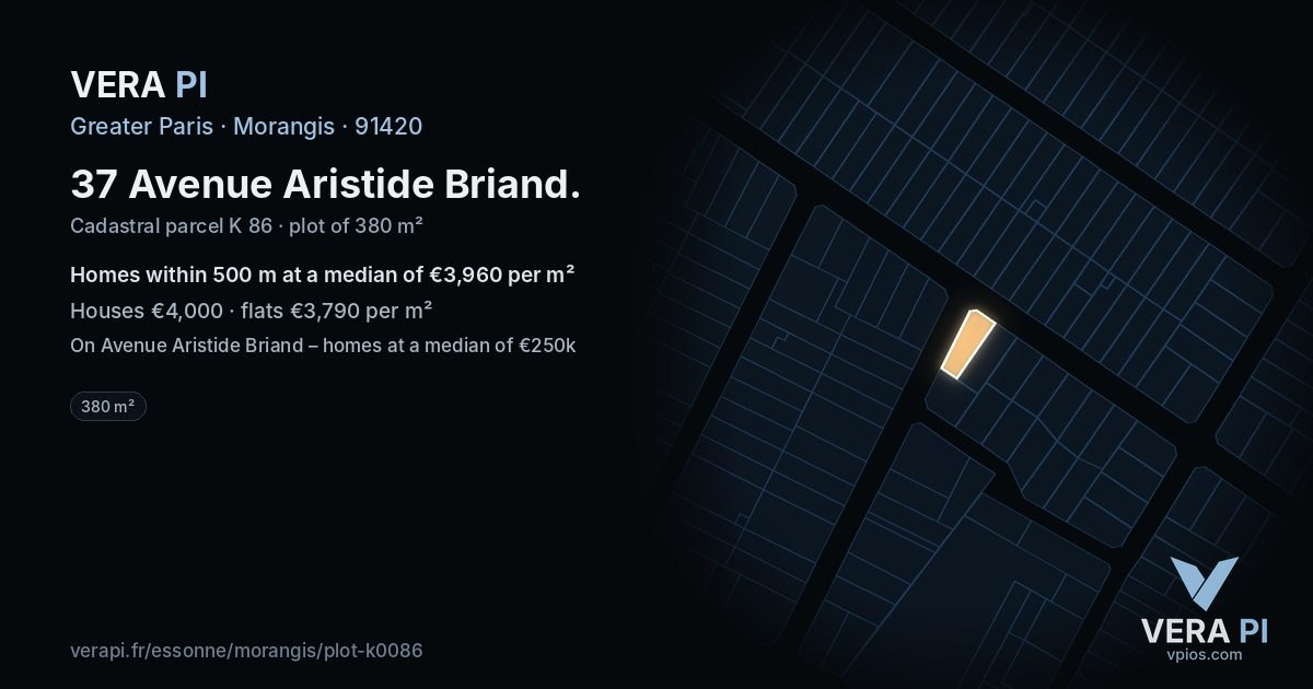 37 Avenue Aristide Briand, Morangis at night – the plot lit, the parcels around coloured by the prices near them