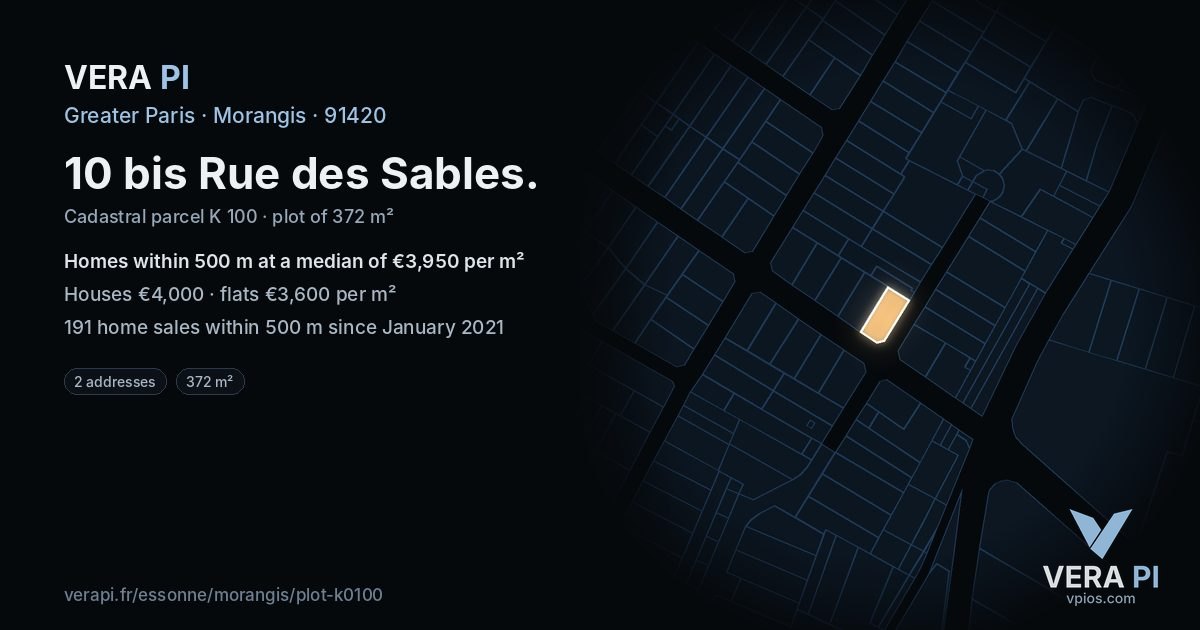 10 bis Rue des Sables, Morangis at night – the plot lit, the parcels around coloured by the prices near them