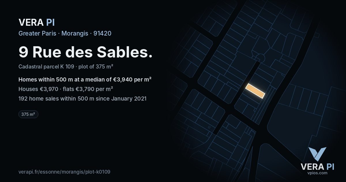 9 Rue des Sables, Morangis at night – the plot lit, the parcels around coloured by the prices near them