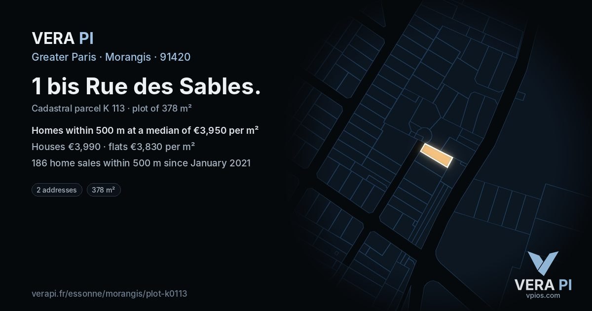 1 bis Rue des Sables, Morangis at night – the plot lit, the parcels around coloured by the prices near them