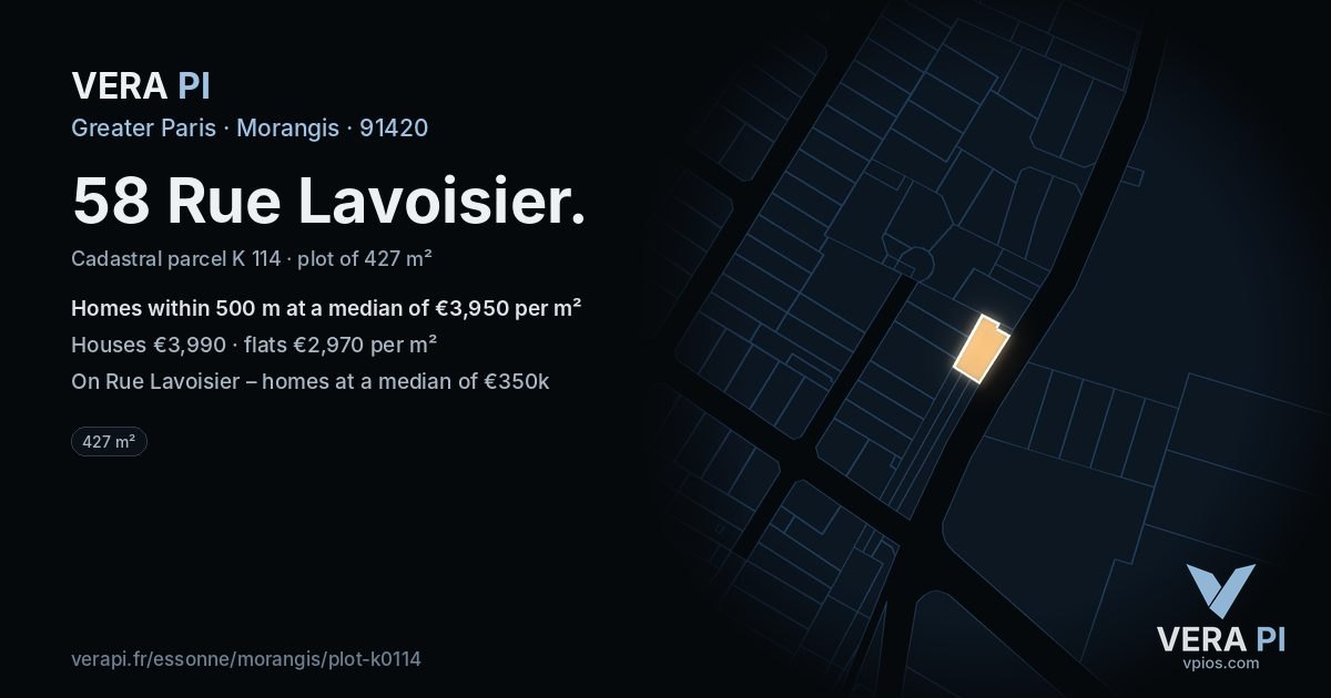 58 Rue Lavoisier, Morangis at night – the plot lit, the parcels around coloured by the prices near them
