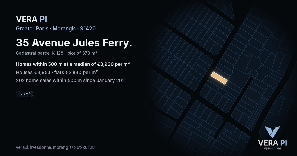 35 Avenue Jules Ferry, Morangis at night – the plot lit, the parcels around coloured by the prices near them