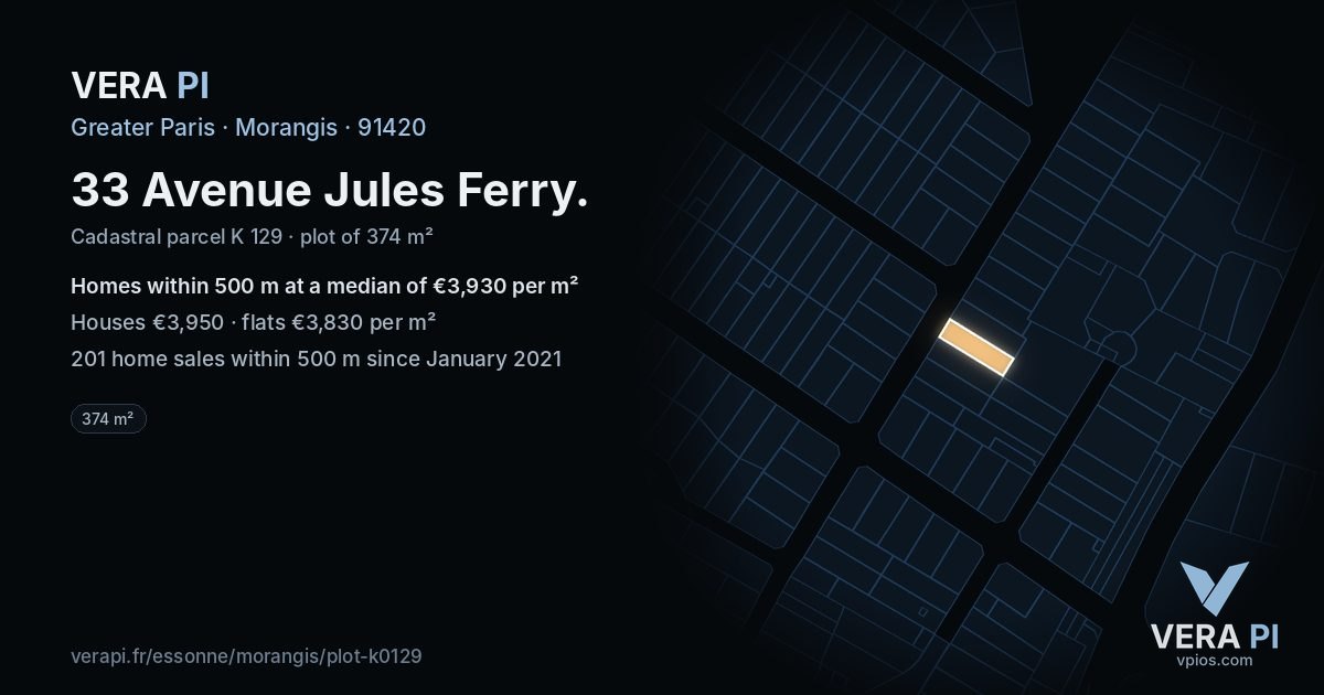 33 Avenue Jules Ferry, Morangis at night – the plot lit, the parcels around coloured by the prices near them