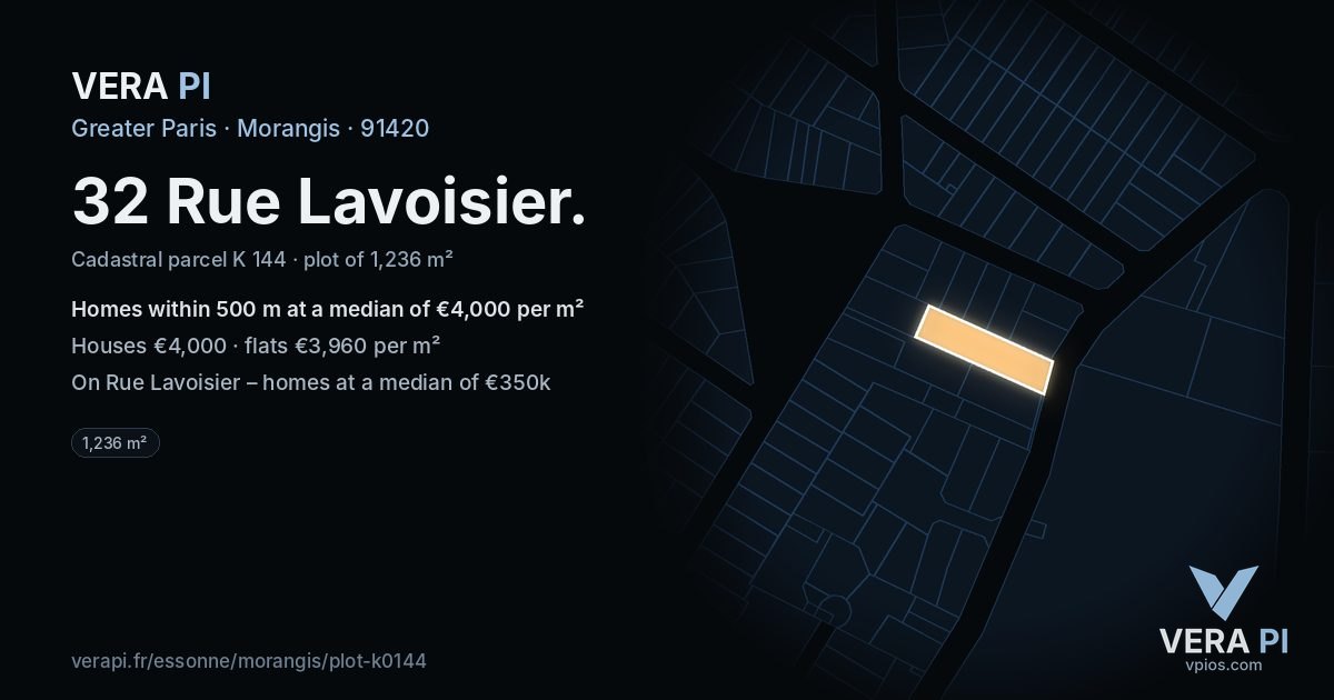 32 Rue Lavoisier, Morangis at night – the plot lit, the parcels around coloured by the prices near them