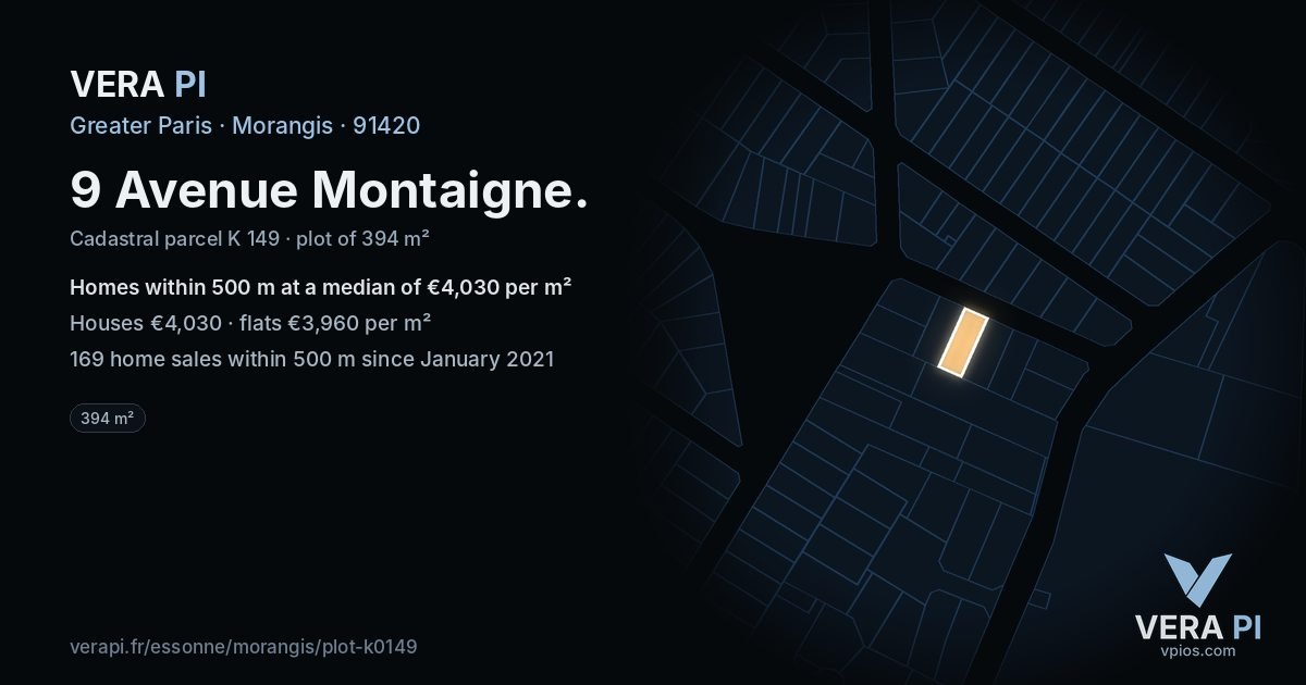 9 Avenue Montaigne, Morangis at night – the plot lit, the parcels around coloured by the prices near them