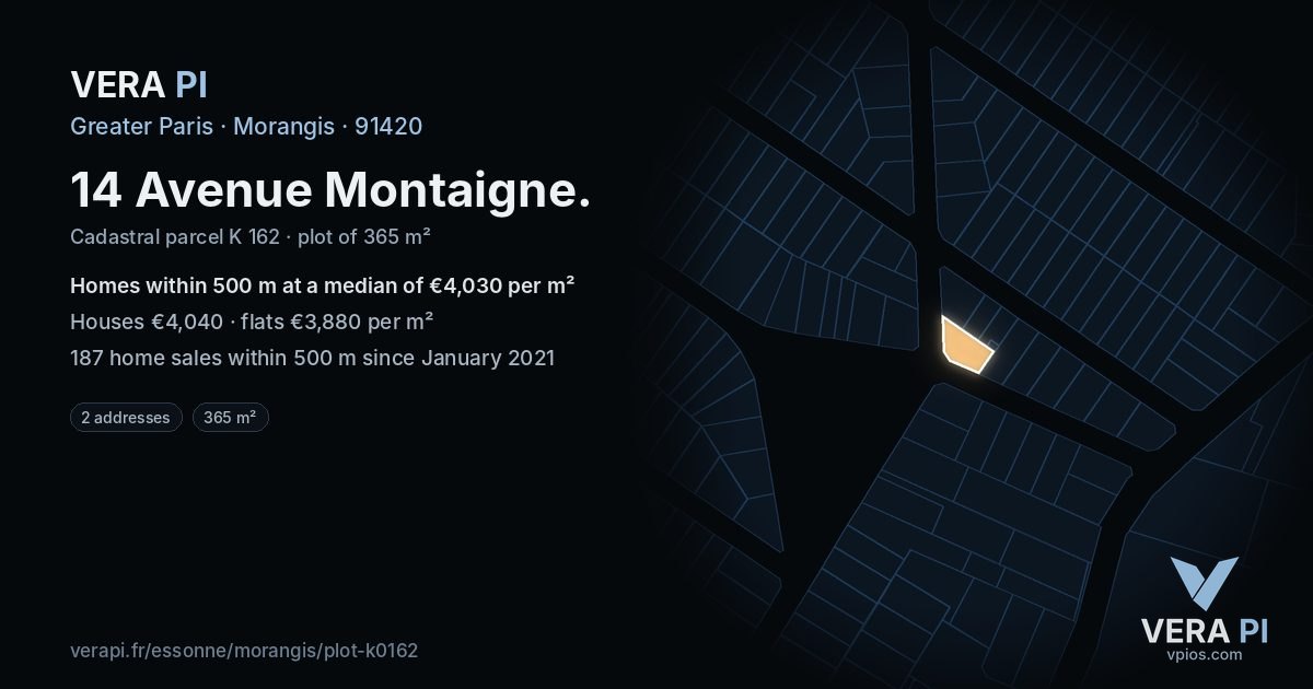 14 Avenue Montaigne, Morangis at night – the plot lit, the parcels around coloured by the prices near them
