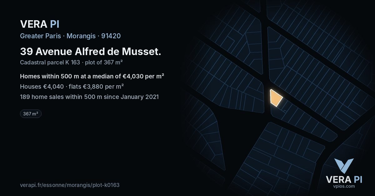 39 Avenue Alfred de Musset, Morangis at night – the plot lit, the parcels around coloured by the prices near them