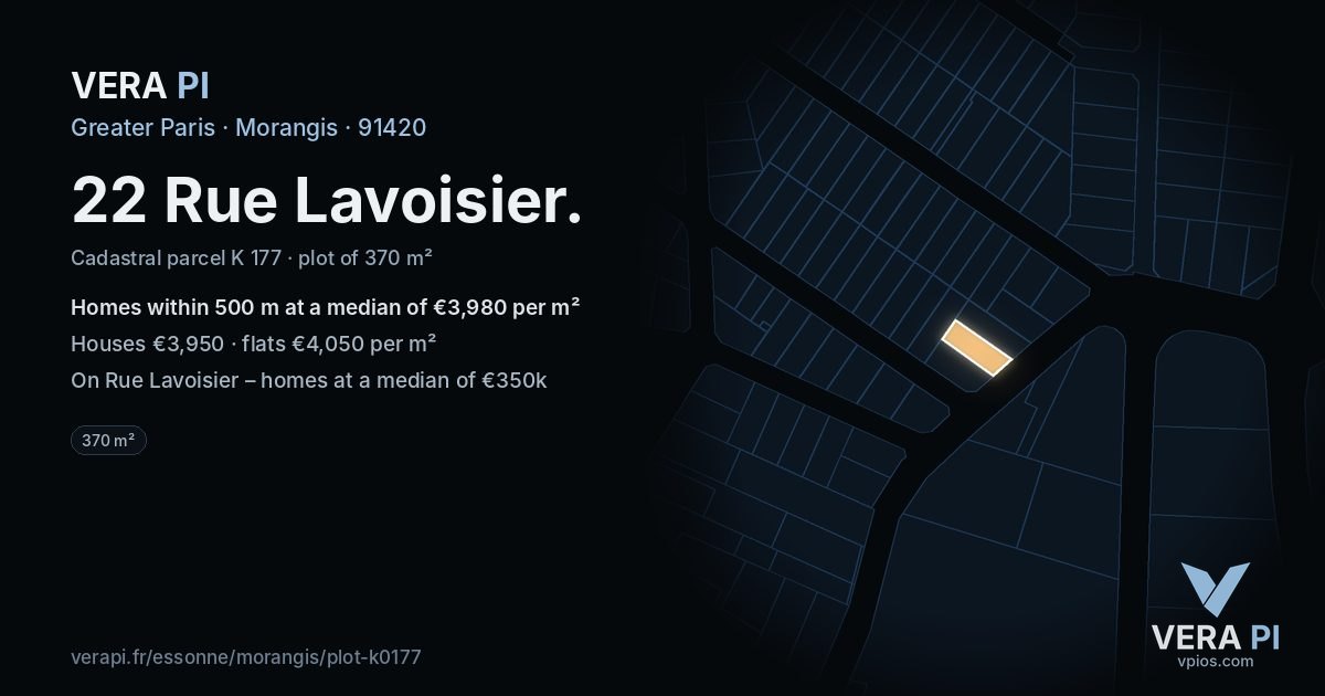 22 Rue Lavoisier, Morangis at night – the plot lit, the parcels around coloured by the prices near them