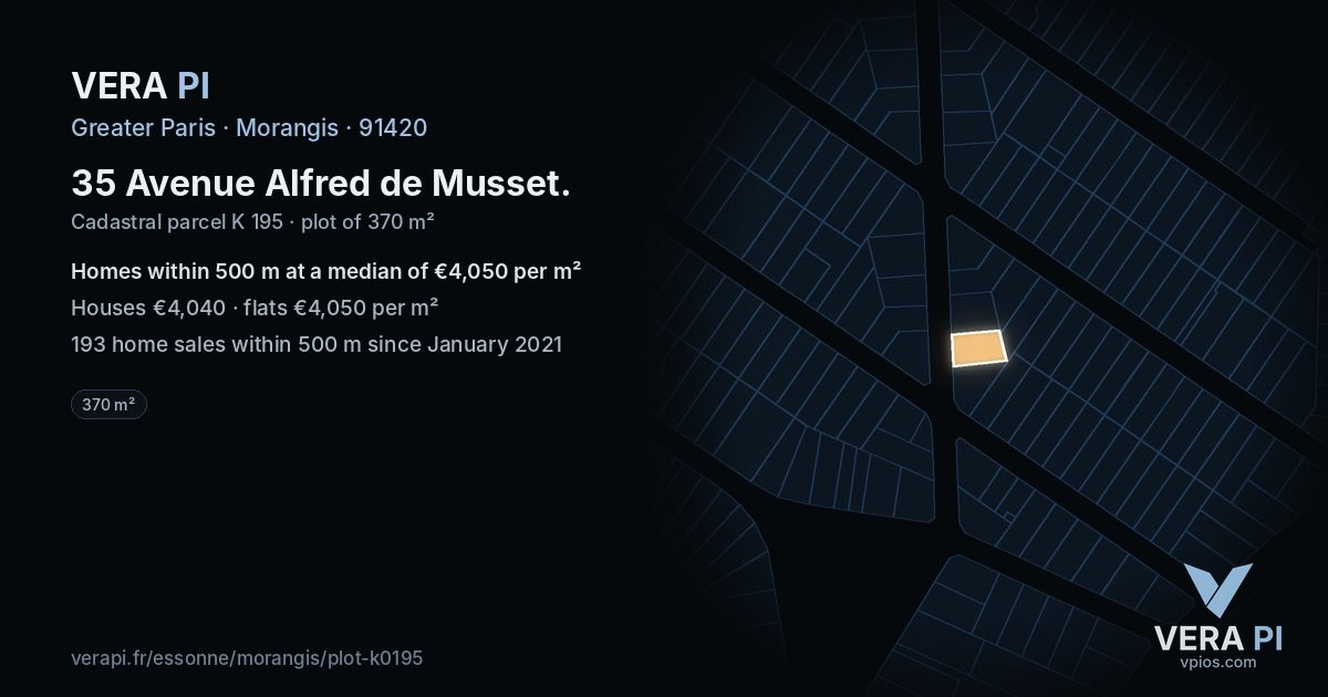 35 Avenue Alfred de Musset, Morangis at night – the plot lit, the parcels around coloured by the prices near them