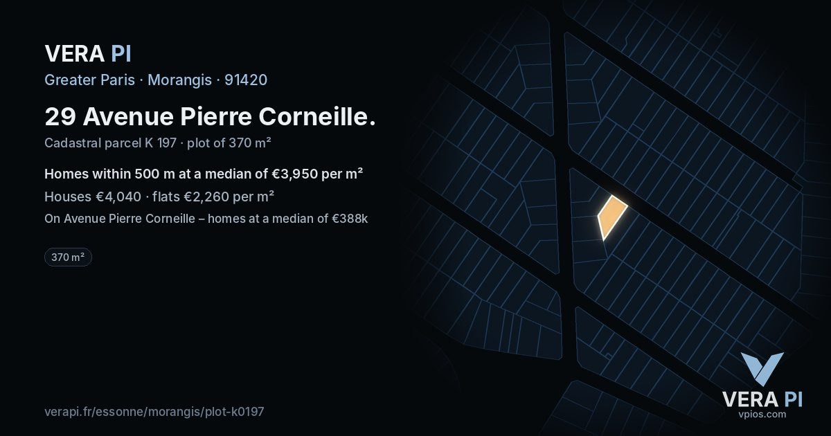 29 Avenue Pierre Corneille, Morangis at night – the plot lit, the parcels around coloured by the prices near them