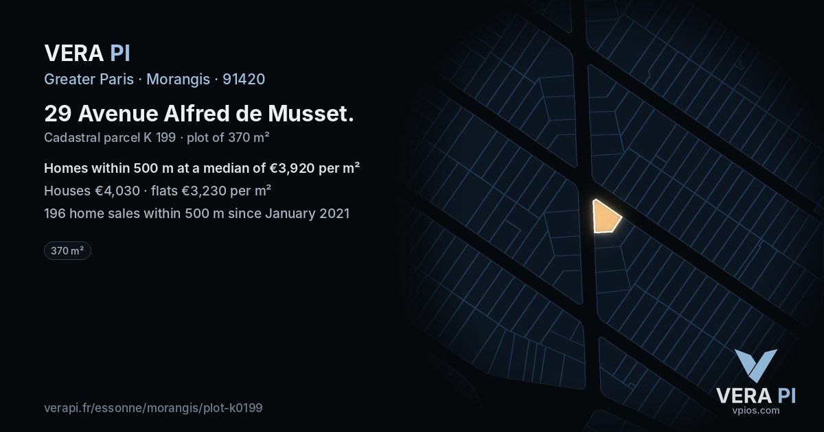 29 Avenue Alfred de Musset, Morangis at night – the plot lit, the parcels around coloured by the prices near them