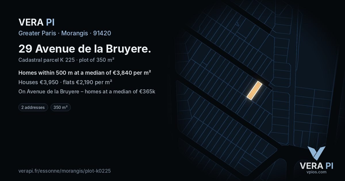 29 Avenue de la Bruyere, Morangis at night – the plot lit, the parcels around coloured by the prices near them