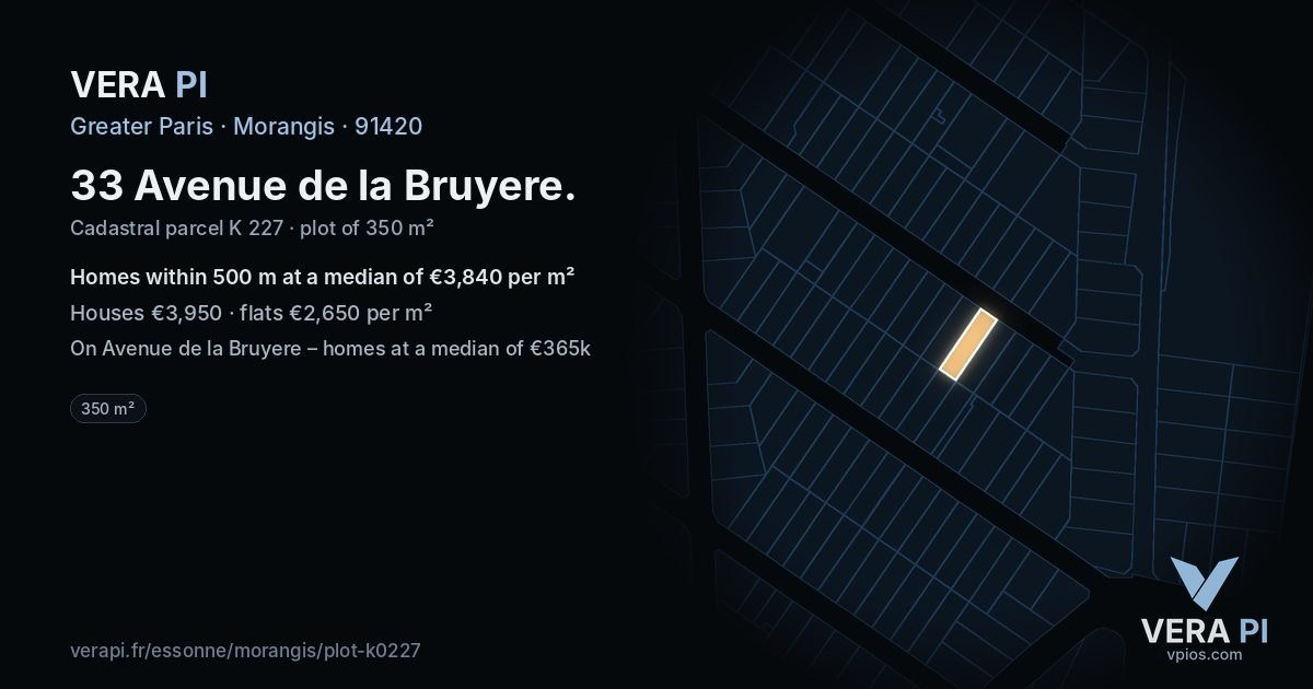 33 Avenue de la Bruyere, Morangis at night – the plot lit, the parcels around coloured by the prices near them