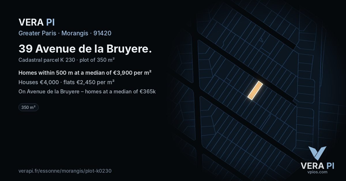 39 Avenue de la Bruyere, Morangis at night – the plot lit, the parcels around coloured by the prices near them