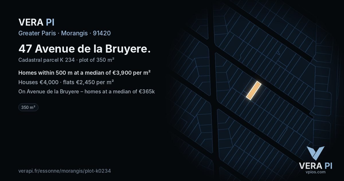 47 Avenue de la Bruyere, Morangis at night – the plot lit, the parcels around coloured by the prices near them