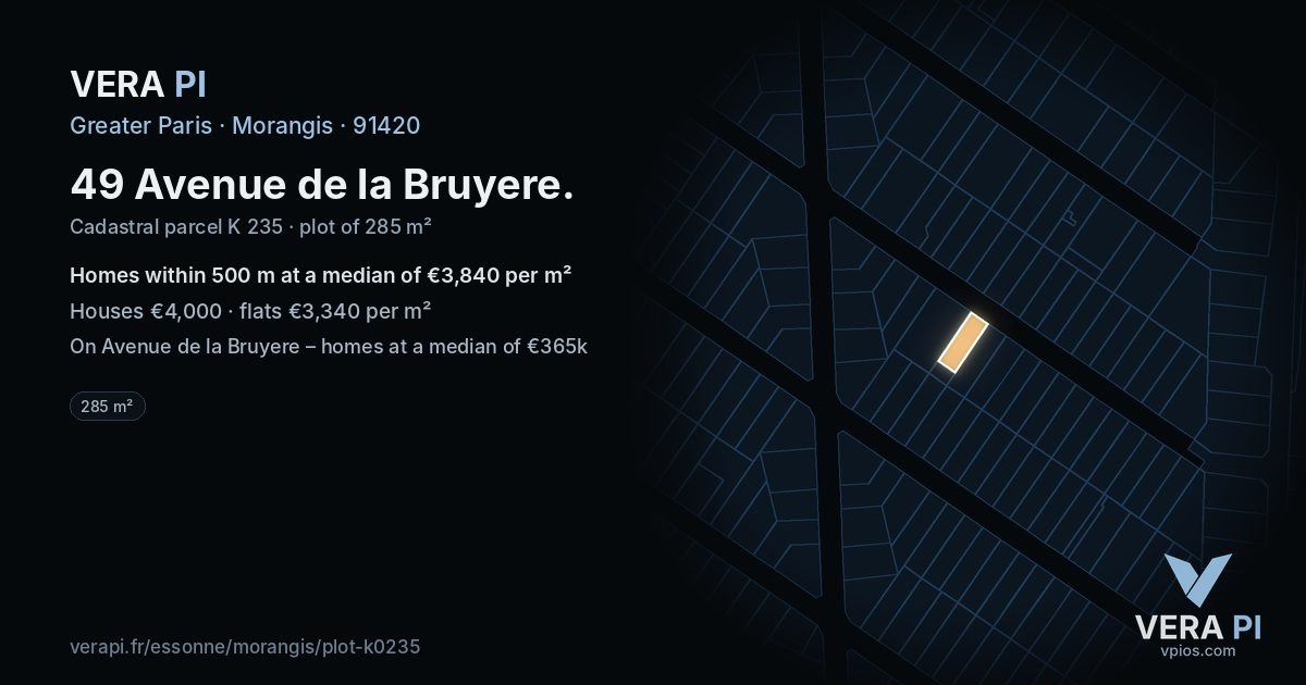 49 Avenue de la Bruyere, Morangis at night – the plot lit, the parcels around coloured by the prices near them