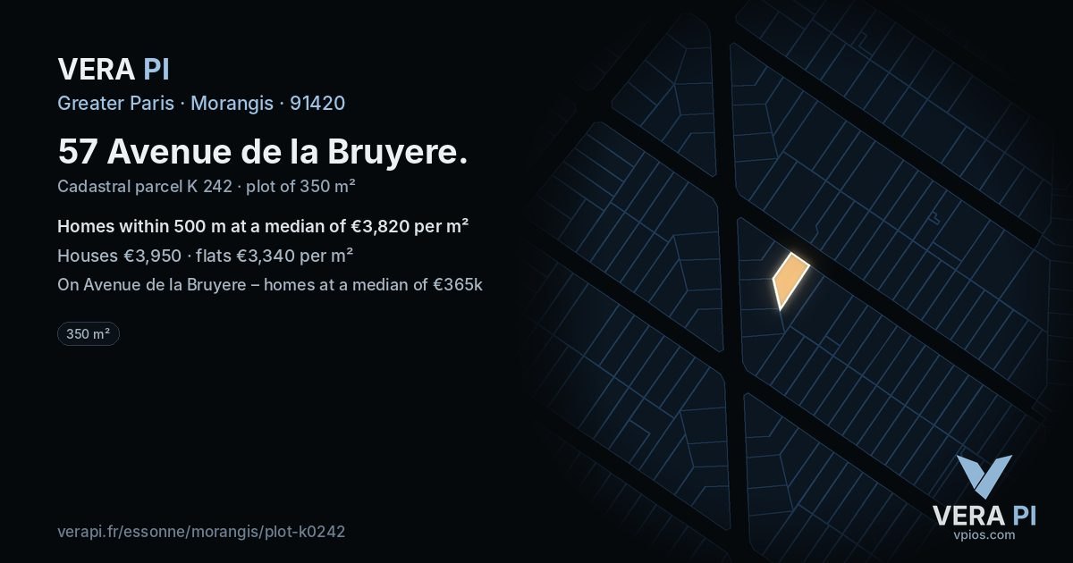 57 Avenue de la Bruyere, Morangis at night – the plot lit, the parcels around coloured by the prices near them