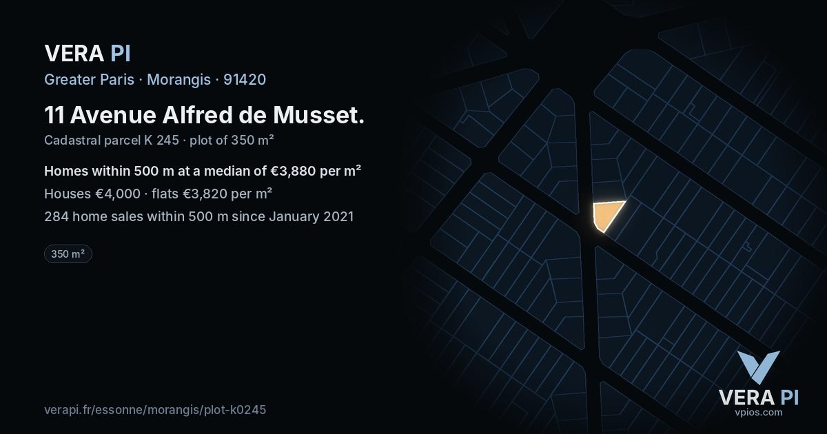 11 Avenue Alfred de Musset, Morangis at night – the plot lit, the parcels around coloured by the prices near them