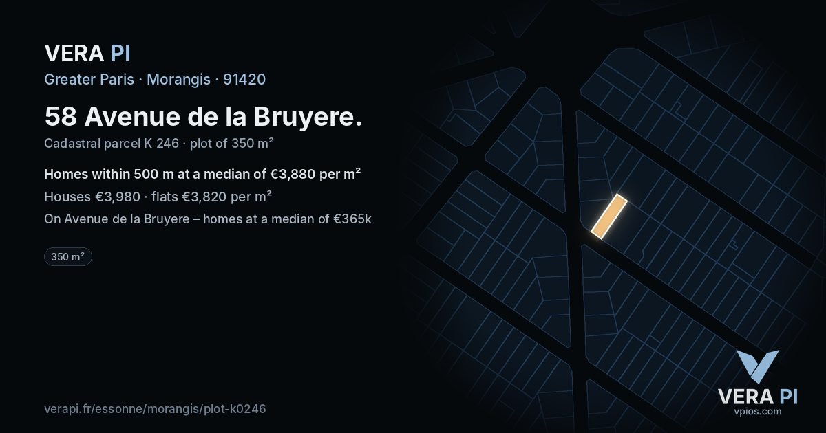 58 Avenue de la Bruyere, Morangis at night – the plot lit, the parcels around coloured by the prices near them