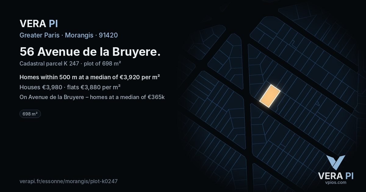 56 Avenue de la Bruyere, Morangis at night – the plot lit, the parcels around coloured by the prices near them