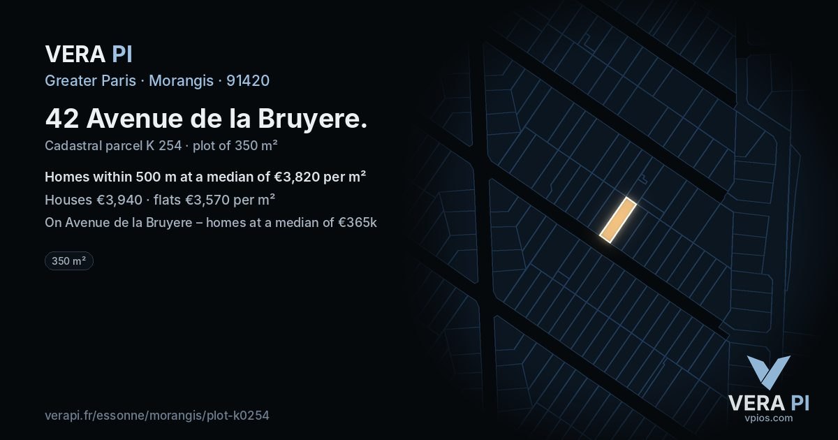 42 Avenue de la Bruyere, Morangis at night – the plot lit, the parcels around coloured by the prices near them