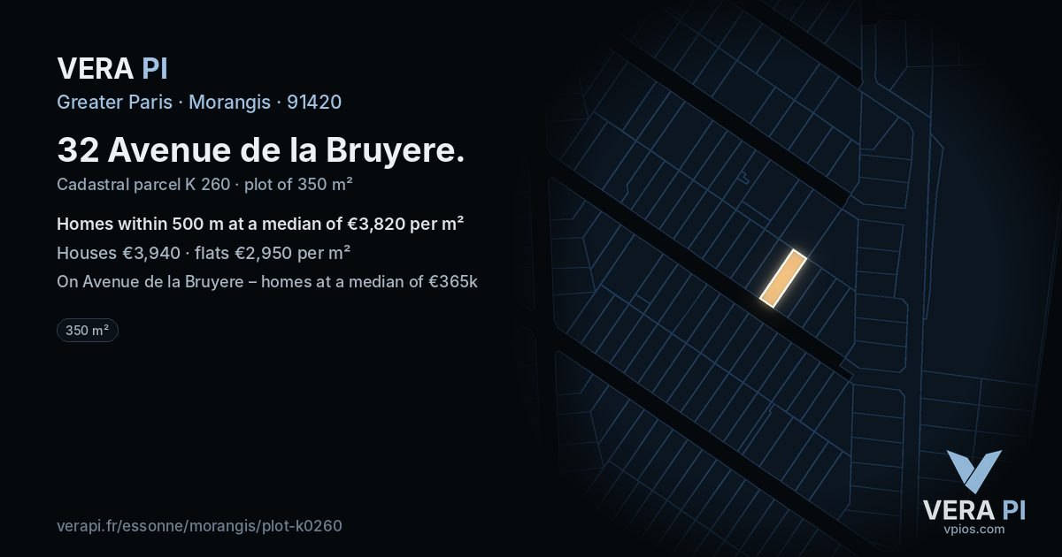 32 Avenue de la Bruyere, Morangis at night – the plot lit, the parcels around coloured by the prices near them