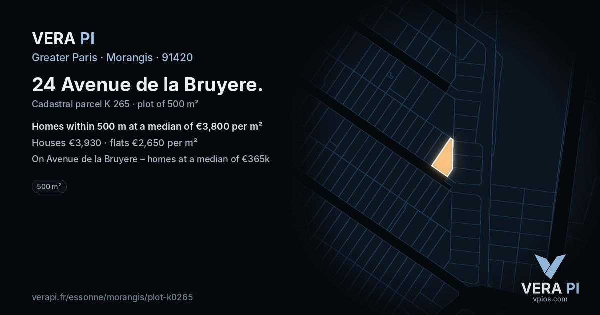 24 Avenue de la Bruyere, Morangis at night – the plot lit, the parcels around coloured by the prices near them