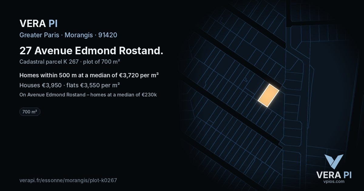 27 Avenue Edmond Rostand, Morangis at night – the plot lit, the parcels around coloured by the prices near them