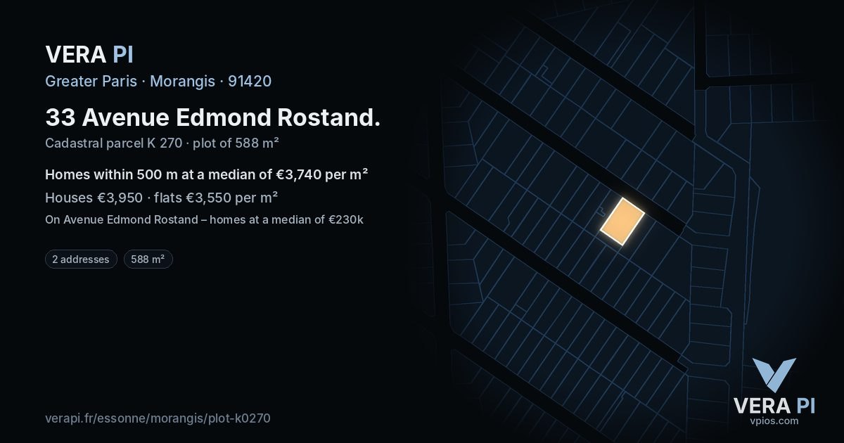 33 Avenue Edmond Rostand, Morangis at night – the plot lit, the parcels around coloured by the prices near them