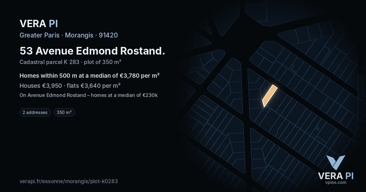 53 Avenue Edmond Rostand, Morangis at night – the plot lit, the parcels around coloured by the prices near them