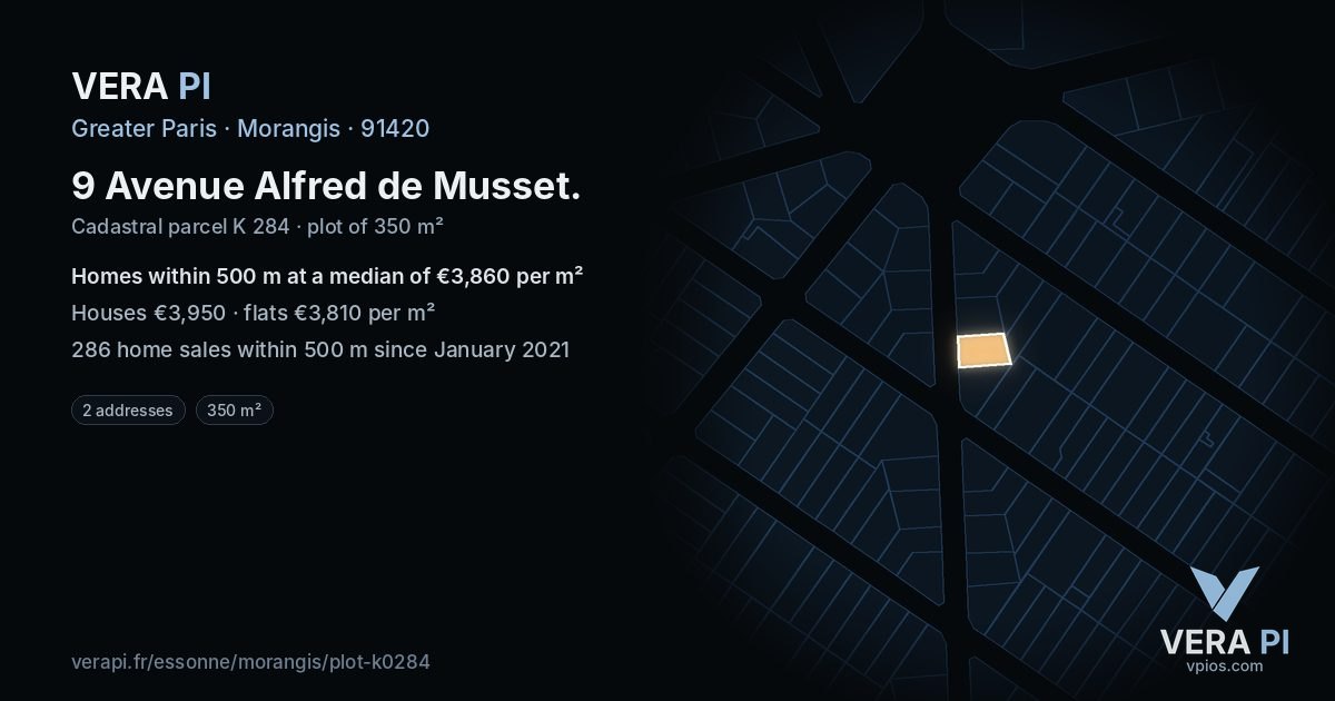 9 Avenue Alfred de Musset, Morangis at night – the plot lit, the parcels around coloured by the prices near them