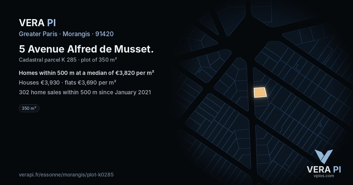 5 Avenue Alfred de Musset, Morangis at night – the plot lit, the parcels around coloured by the prices near them