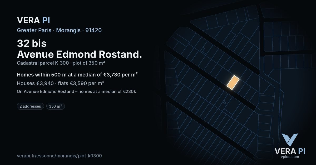 32 bis Avenue Edmond Rostand, Morangis at night – the plot lit, the parcels around coloured by the prices near them