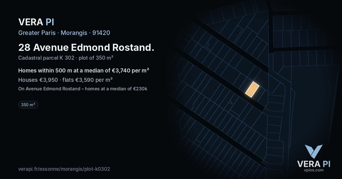 28 Avenue Edmond Rostand, Morangis at night – the plot lit, the parcels around coloured by the prices near them