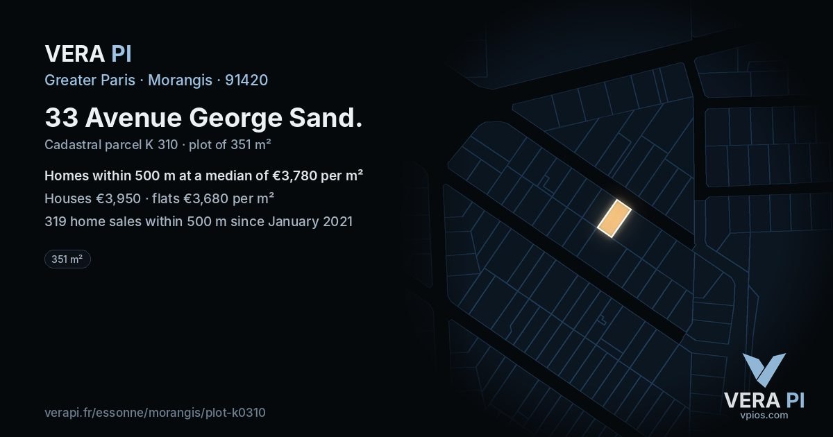 33 Avenue George Sand, Morangis at night – the plot lit, the parcels around coloured by the prices near them